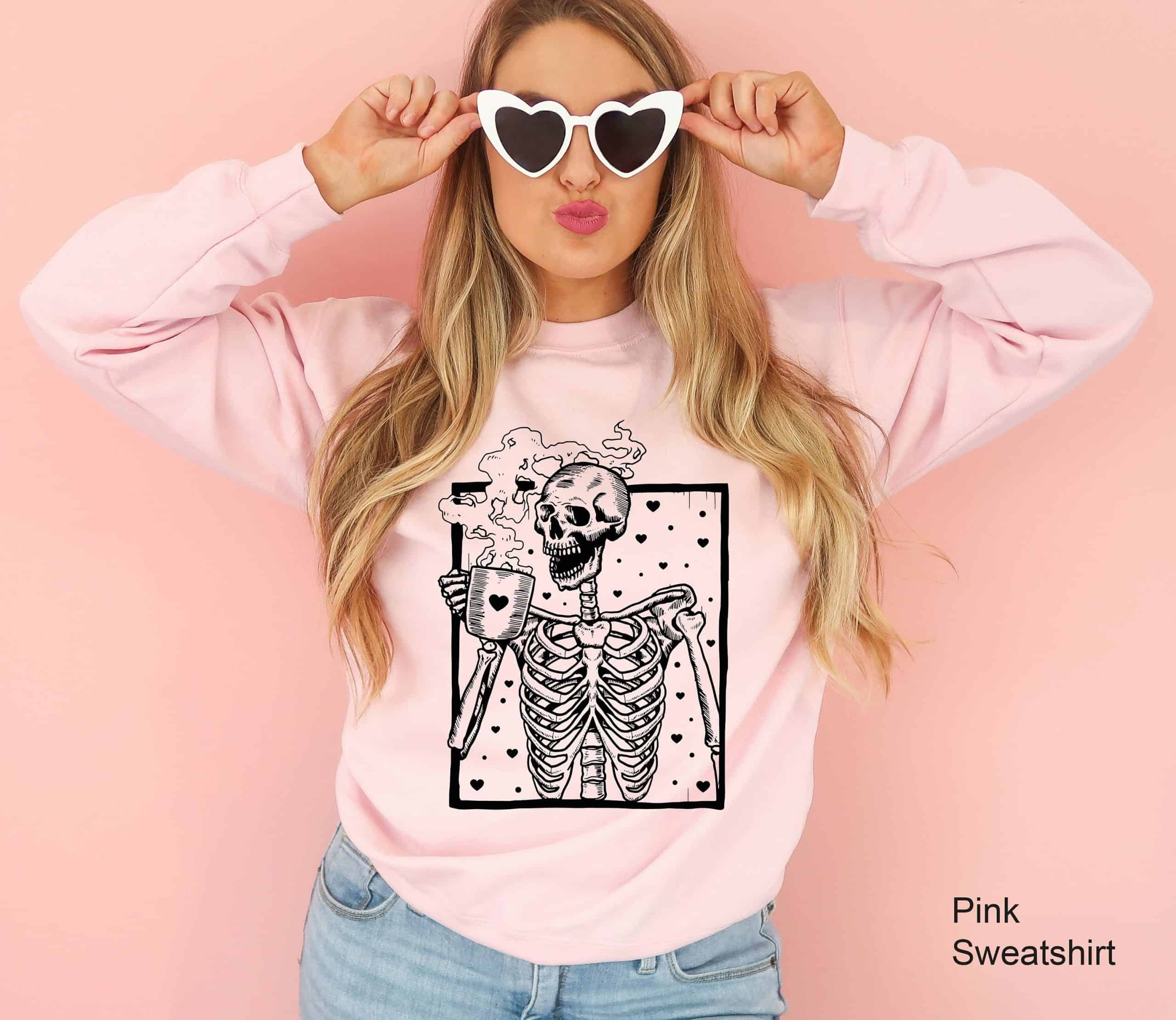 Hot Coffee Skeleton Sweathirt, Skeleton Drinking Coffee Sweatshirt, Coffee Skeleton T-shirt, Skull Sweatshirt, Skull Tee