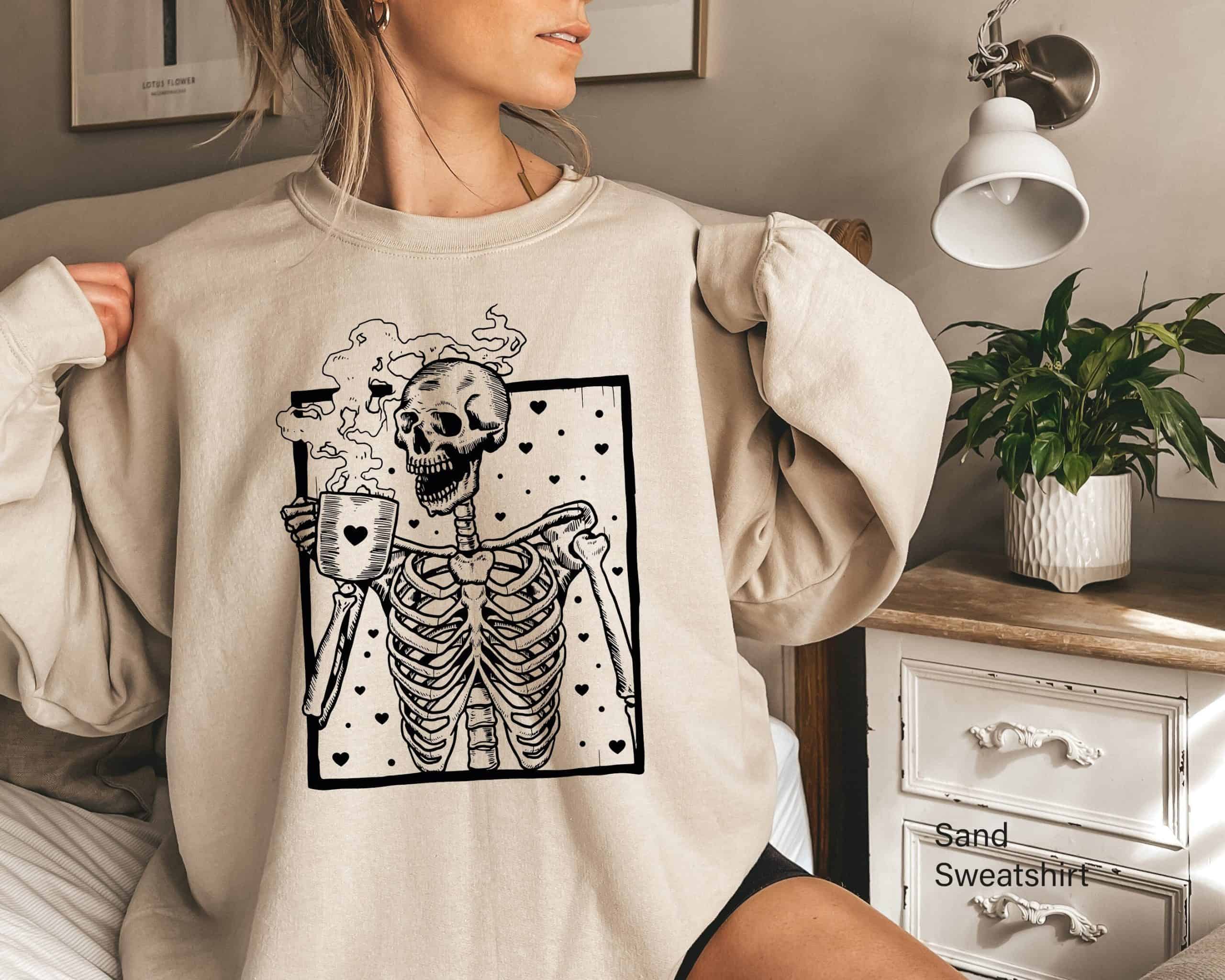 Hot Coffee Skeleton Sweathirt, Skeleton Drinking Coffee Sweatshirt, Coffee Skeleton T-shirt, Skull Sweatshirt, Skull Tee