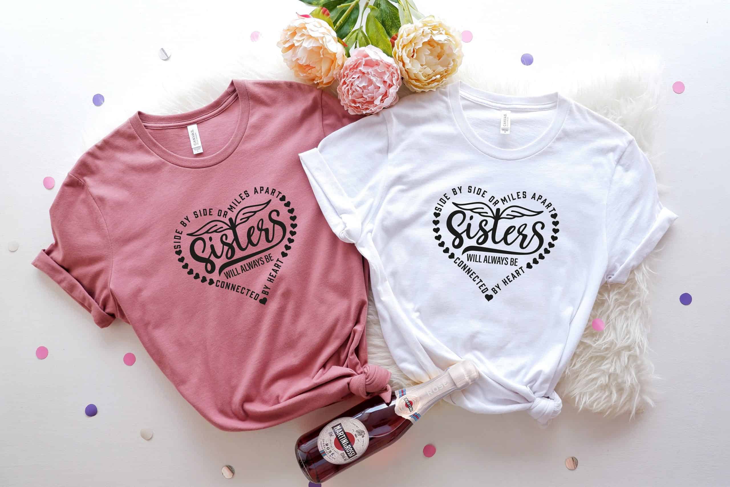 Sisters T shirt, Best Sister shirt, Side by Side or miles Apart, Sisters Will Always Be Connected By Heart T-Shirt,Matching Friend Tee