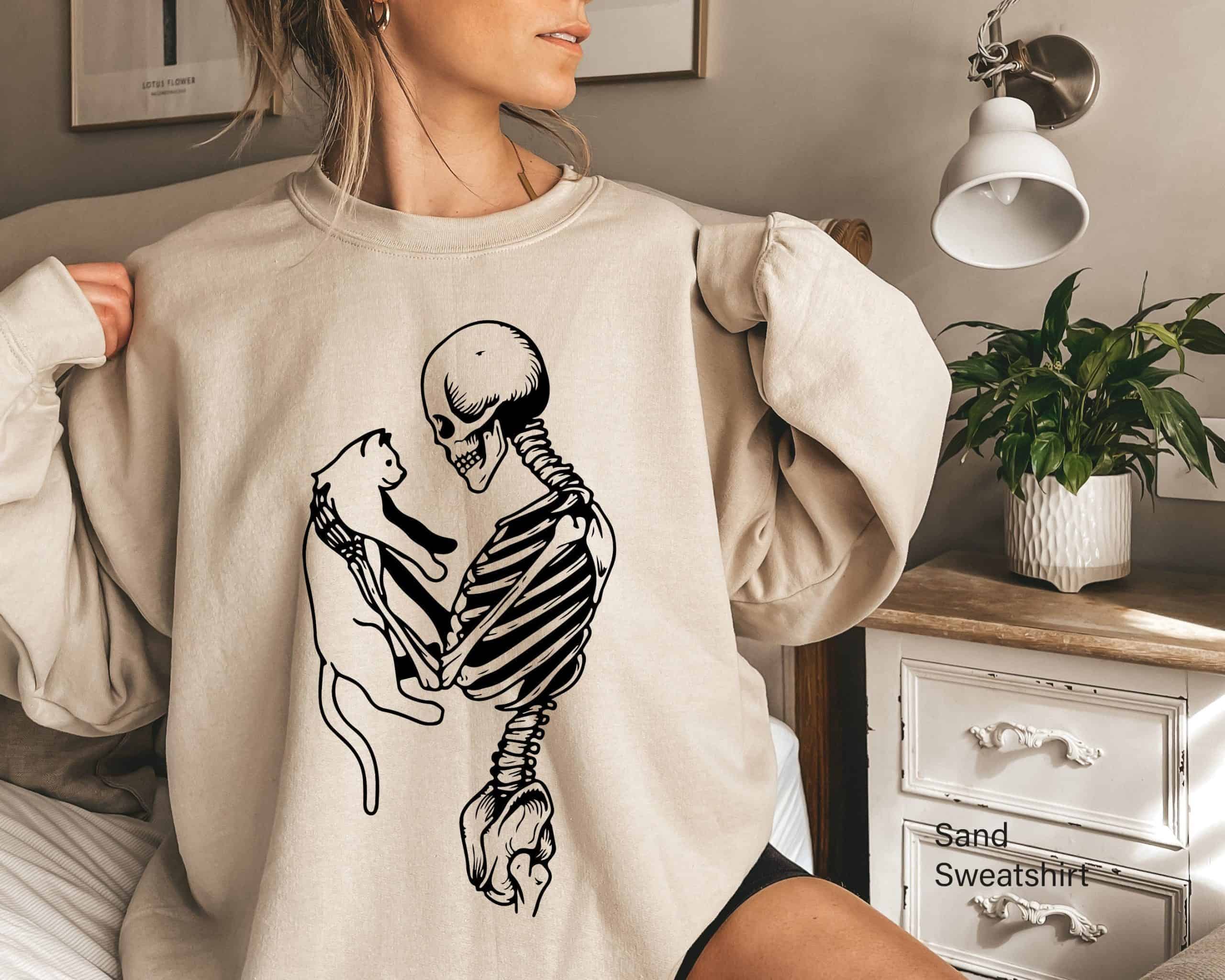 Skeleton Sweatshirt,Skeleton And Cat Hoodie, Gifts For Cat Lovers,Skeleton Love,Cat Lady Gift,Cat Mom,Cat Clothing, Cat Dad, Cat Tee