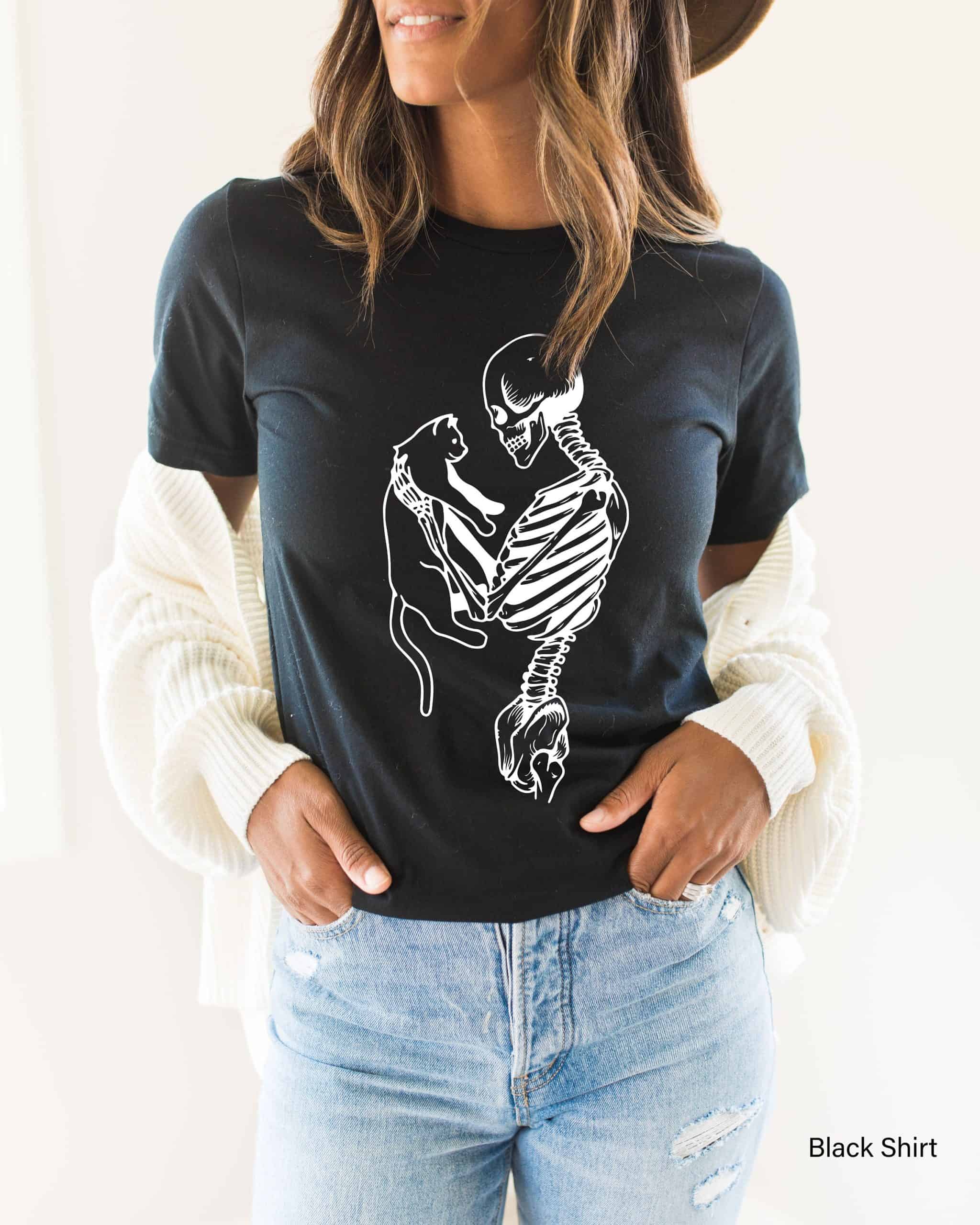 Skeleton Sweatshirt,Skeleton And Cat Hoodie, Gifts For Cat Lovers,Skeleton Love,Cat Lady Gift,Cat Mom,Cat Clothing, Cat Dad, Cat Tee