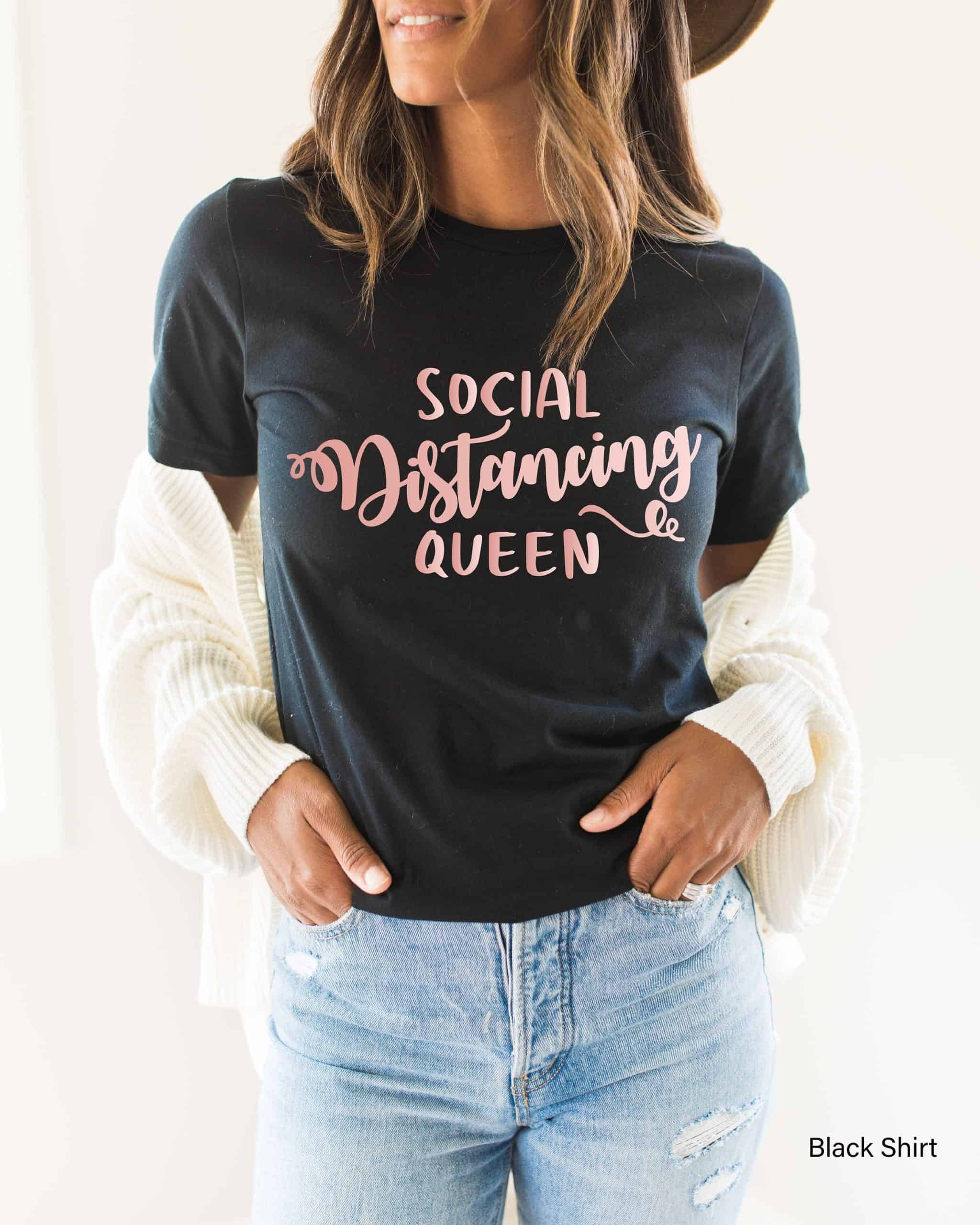 Social Distance Queen White with Black Ringer Tee, Trendy Funny Graphic Tee, Introvert Self Quarantine Shirt