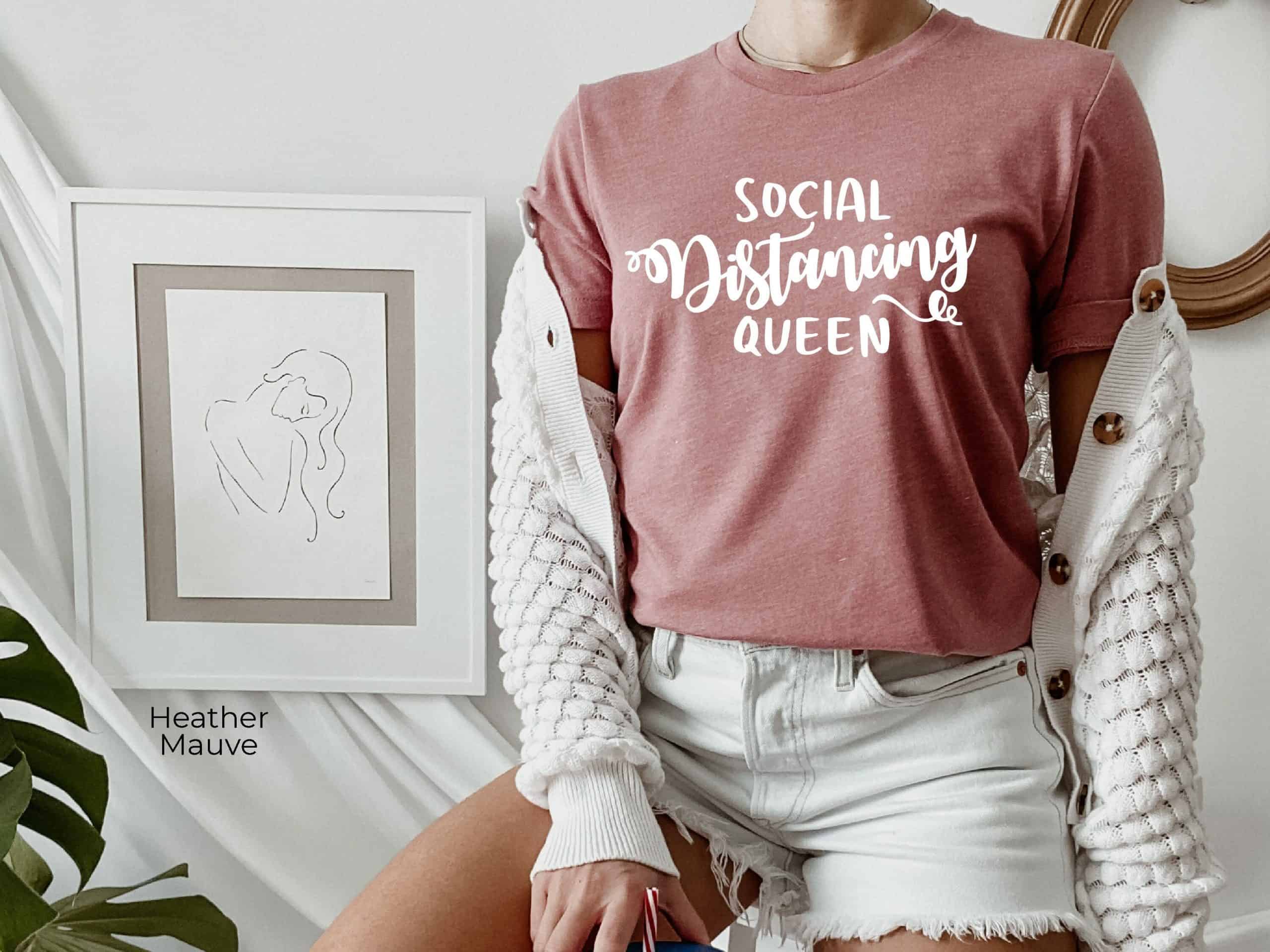 Social Distance Queen White with Black Ringer Tee, Trendy Funny Graphic Tee, Introvert Self Quarantine Shirt